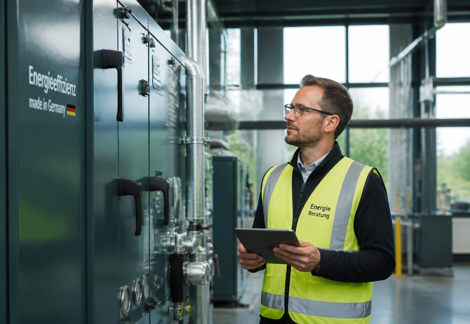 Energieberater prüft die Heizungs- und Lüftungstechnik in einem Unternehmensgebäude